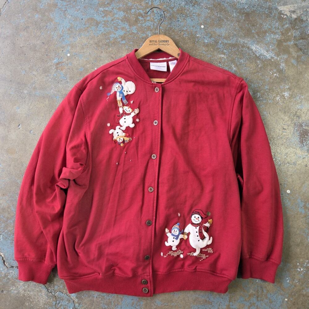 Vintage 90s Christmas Cardigan Sweater Size L Red Ugly Snowmen Alfred Dunner